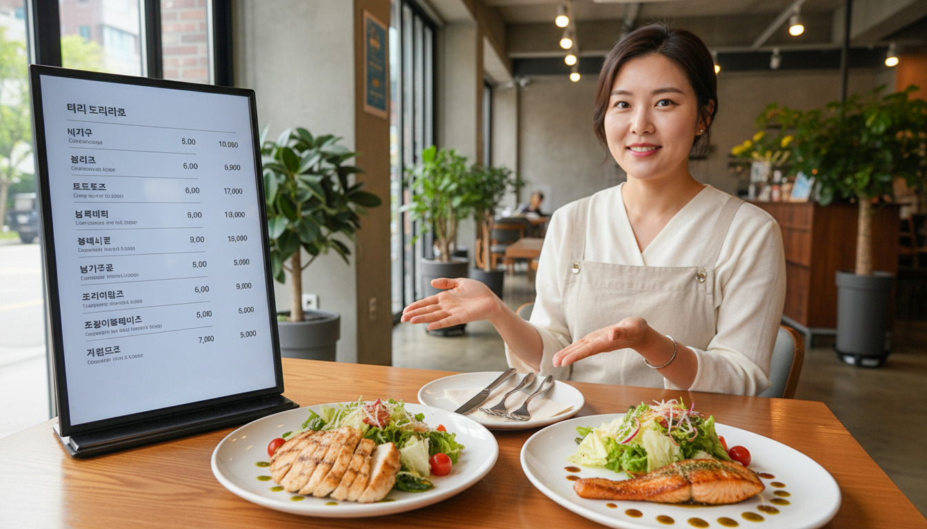 2026년 트렌디한 헬스케어 식당 내부 모습, 메뉴판에 칼로리와 당 함량이 선명하게 표시되어 있고 신선한 채소와 단백질 위주의 세련된 플레이팅이 돋보이는 장면