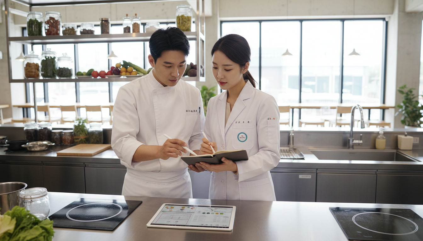 주방에서 셰프와 영양사가 함께 태블릿 PC를 보며 영양 성분을 분석하고 새로운 레시피를 연구하는 전문적인 분위기