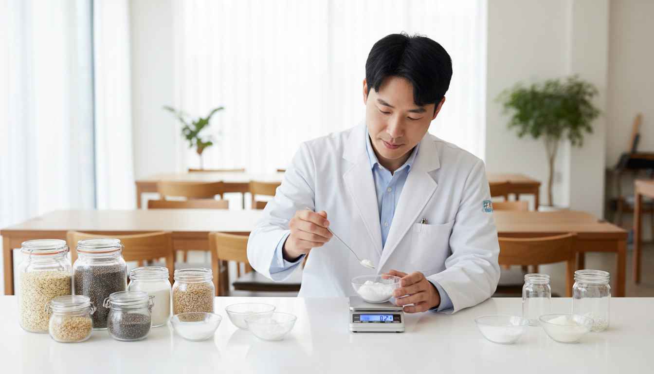 깔끔한 화이트 톤의 실험실 같은 주방에서 다양한 곡물과 대체 감미료 샘플들이 나열되어 있고 연구원이 정밀하게 무게를 재고 있는 모습