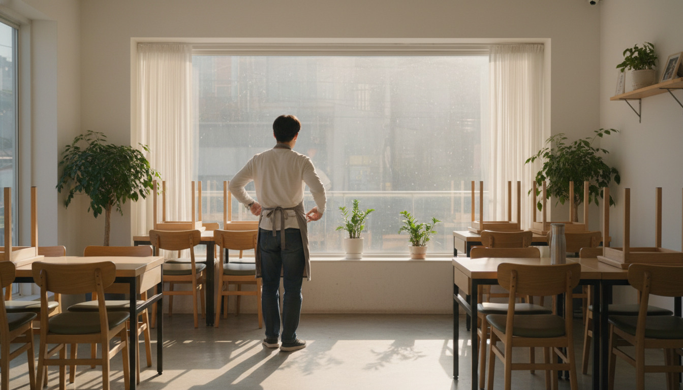 텅 빈 식당에서 앞치마를 벗고 창밖을 바라보는 요식업 사장님의 뒷모습, 따뜻한 오후 햇살이 비치며 새로운 시작의 희망을 암시함, 시네마틱한 조명과 고해상도 사실적 사진 스타일