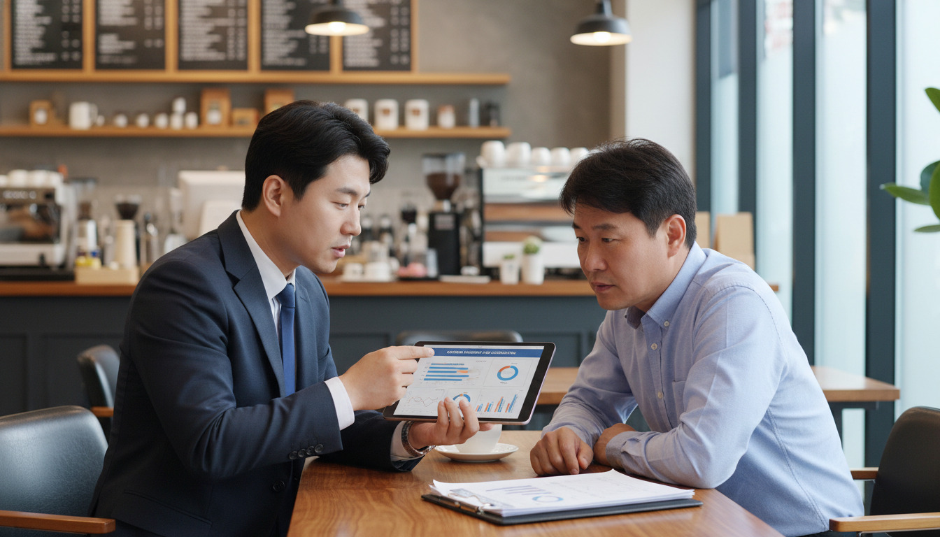 전문 컨설턴트와 태블릿을 보며 진지하게 대화하는 소상공인 사장님의 모습, 신뢰감 있는 현대적인 사무실 배경, 4k 품질