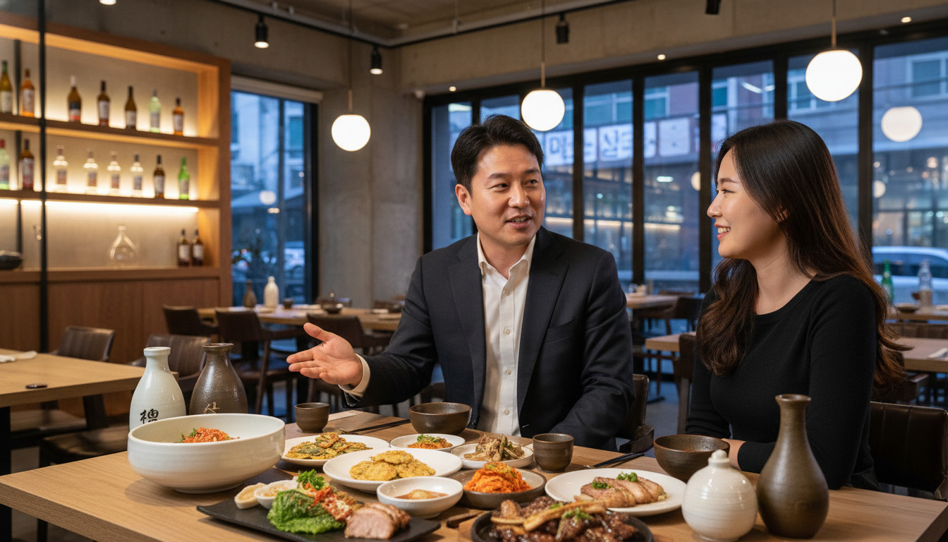 전통주 소믈리에가 고객에게 술의 유래와 페어링 이유를 친절하게 설명하고 있는 활기찬 식당 내부 전경